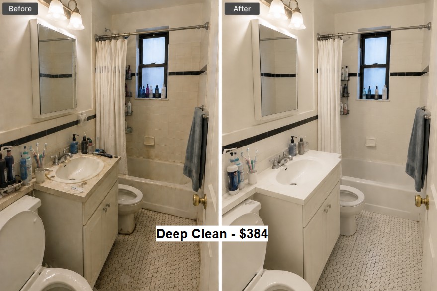 Bathroom before and after โ Deep Clean $384