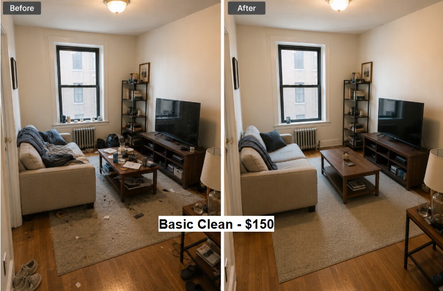Living room before and after โ Basic Clean $150